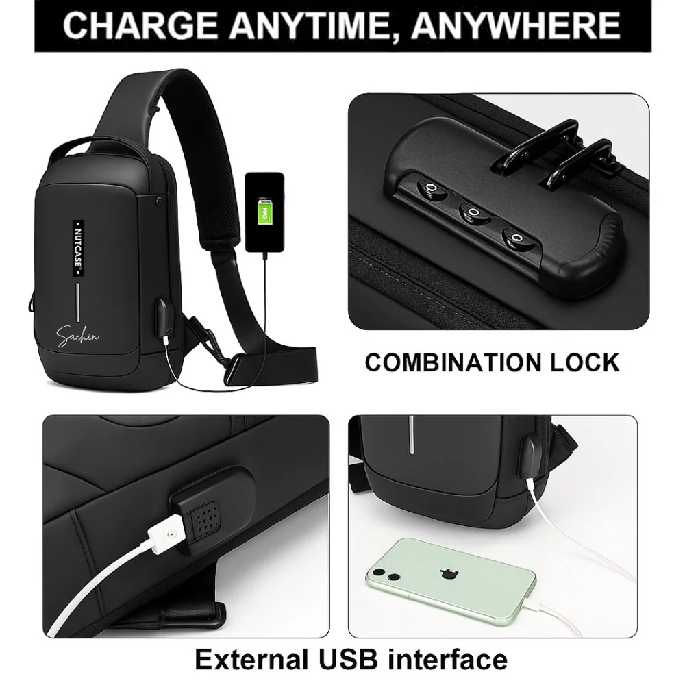 Anti-Theft Sling Bag for Men | Customized Crossbody Side Bag Waterproof Backpack with Built-in Lock & USB Charging Port - Image 8