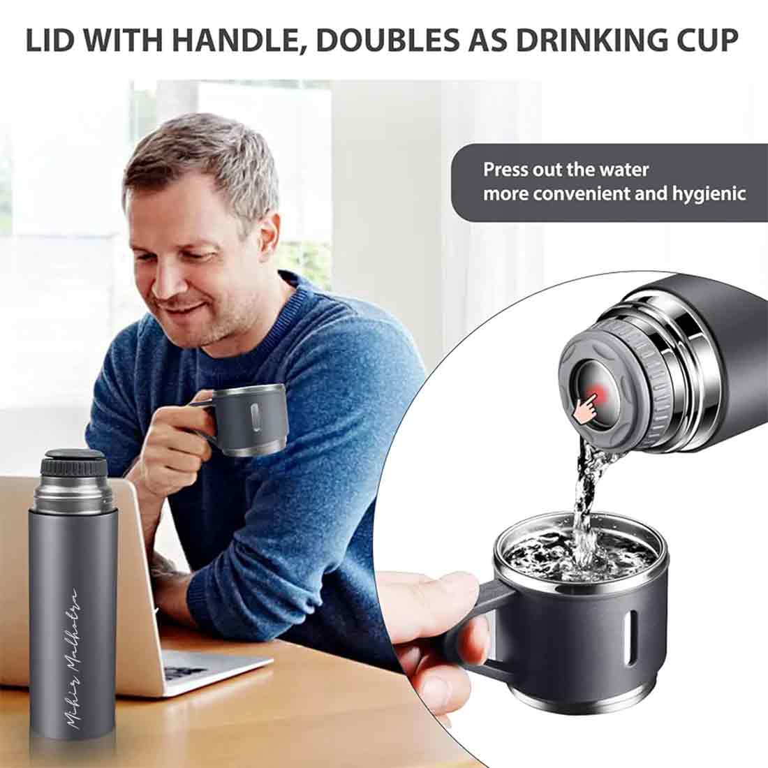 Custom Thermos With Cup Lid 3 Cups Gift Box Set for Travel Outdoor Camping - Add Name - Image 11