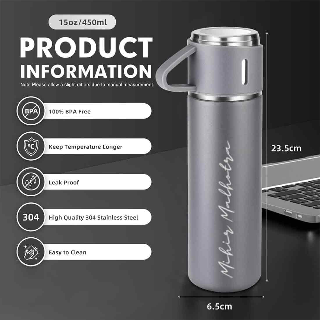 Custom Thermos With Cup Lid 3 Cups Gift Box Set for Travel Outdoor Camping - Add Name - Image 9